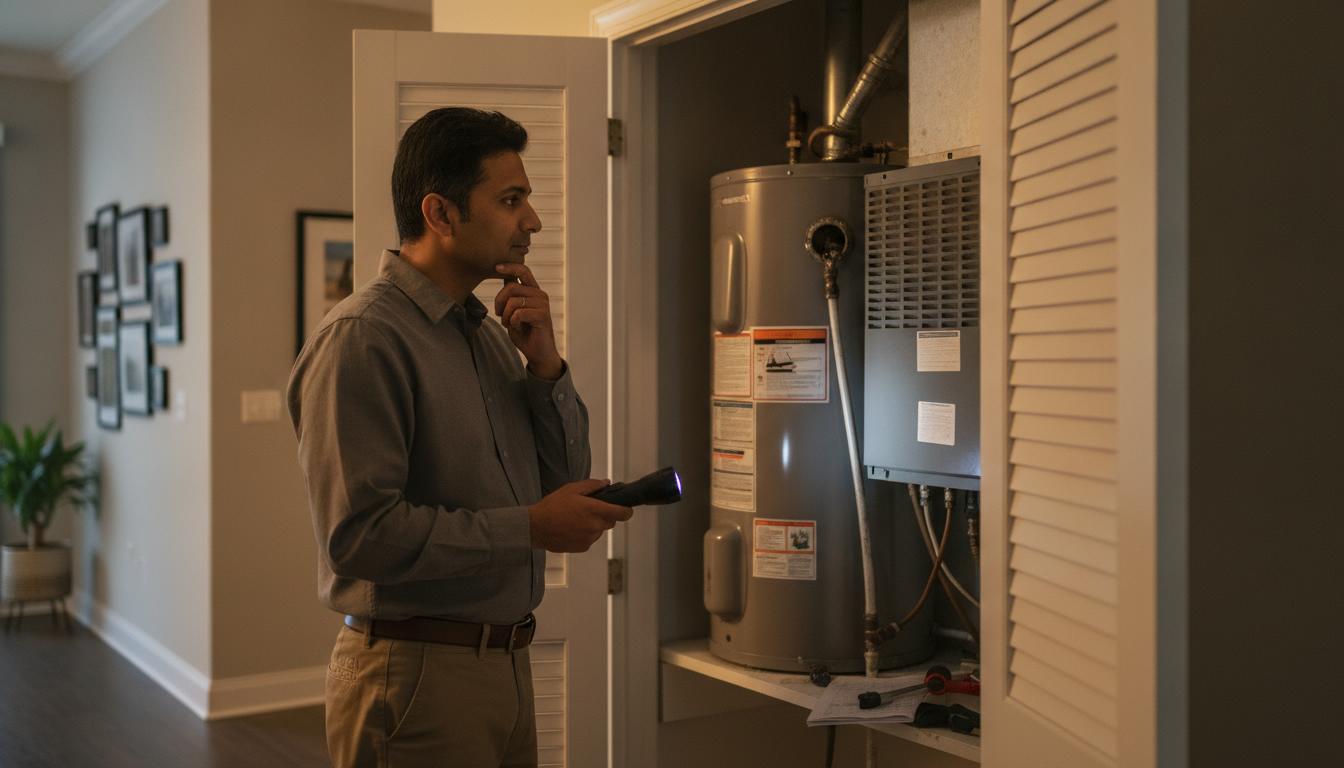 On a 15-year-old home, the systems behind this door are the ones entering their replacement window, which is exactly what the warranty-versus-fund math hinges on.