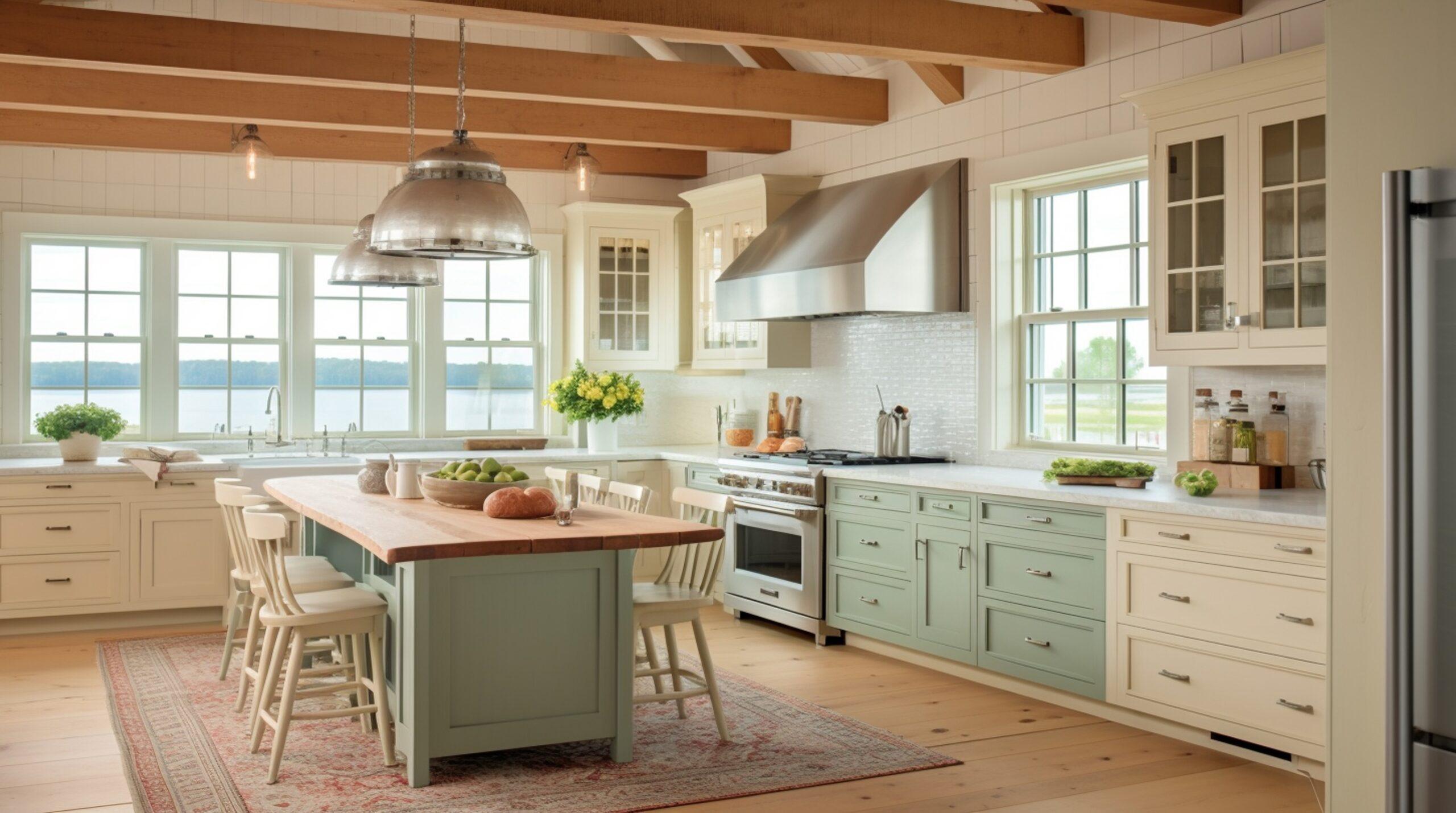Newly renovated kitchen with island, cabinetry and range in a bright home